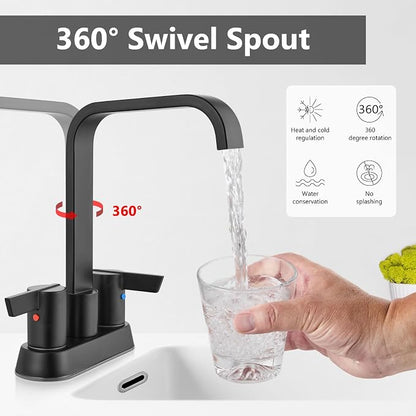 Matte Black Waterfall Bathroom Faucet 4 Inch Centerset,2-Handle | Stainless Steel 3-Hole Deck-Mount Design Includes Supply Lines and Pop-Up Drain for a Complete Vanity Installation