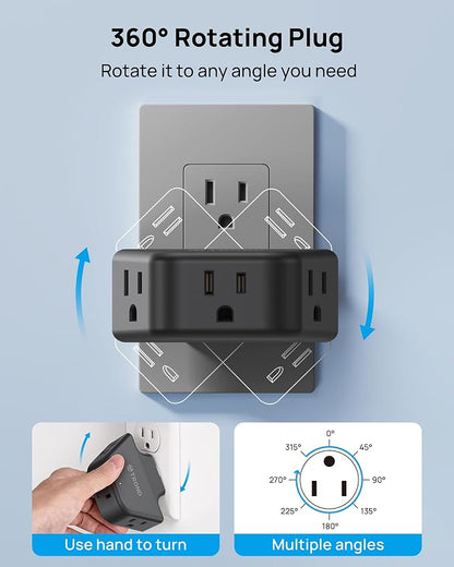 TROND 360 Rotating Plug Outlet Extender for Bathroom Kitchen, 2 Pack | Wall Plug Adapter with 3 Grounded Sockets, No Blocking with 3 Way Angled Design, Small Outlet Splitter for Home Office, Black