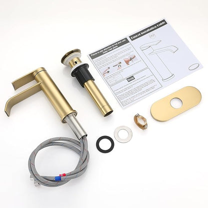 GAGALIFE Bathroom Faucet 1 Hole - Brushed Gold Bathroom Sink Faucet with Metal Pop-up Drain Supply Lines and Deck, Modern Waterfall Bathroom Faucets Single Handle, JJL-MP-7001BG