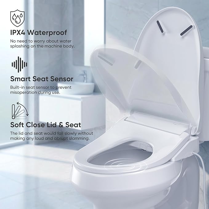 Electric Bidet Toilet Seat with Instant Warm Bidet Wash & Warm Air Dryer, Self-Cleaning Stainless Steel Nozzle, Soft Close Lid, Elongated