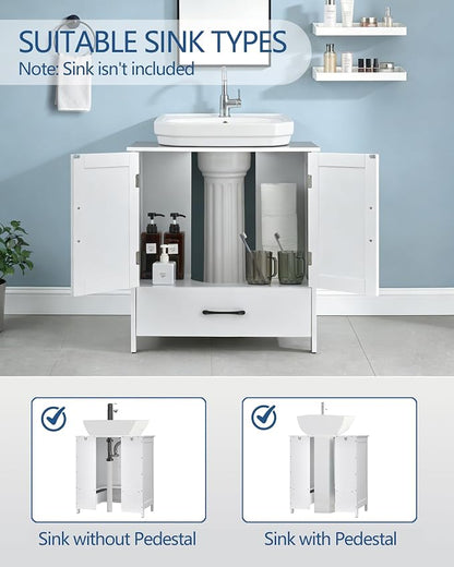 Bathroom Vanity Sink Cabinet, Under Sink Storage Cabinet with 2 Doors, Waterproof Pedestal Sink Cabinet for Bathroom, Laundry Room, Kitchen, White with Drawer