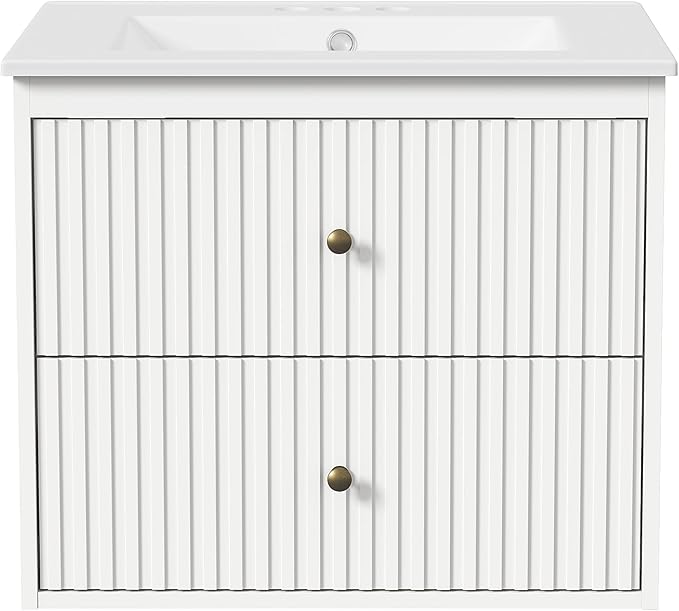 RoyalCraft 24'' Bathroom Vanity with Sink Combo, Wall Mounted Floating Sink Cabinet with 2 Hidden Damping Drawers, Grooved Stripe Design Bathroom Ceramic Sink Cabinet, White