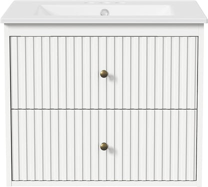 RoyalCraft 24'' Bathroom Vanity with Sink Combo, Wall Mounted Floating Sink Cabinet with 2 Hidden Damping Drawers, Grooved Stripe Design Bathroom Ceramic Sink Cabinet, White
