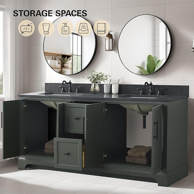 HOMEBEYOND 72 Inch Bathroom Vanity with Double Sink & Ceramic Top, Vanity Cabinet with Center Countertop Basin, Soft-Closing Doors, Backsplash, Vintage Green