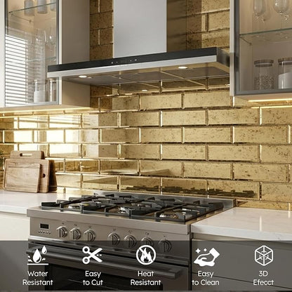 Peel and Stick Beveled Mirror Tile, Light Antique with Gold, 4x12 Inch, Mirror Backsplash for Kitchen Bar Bathroom Wall Tile (5 Sq.ft, 15 Pcs)