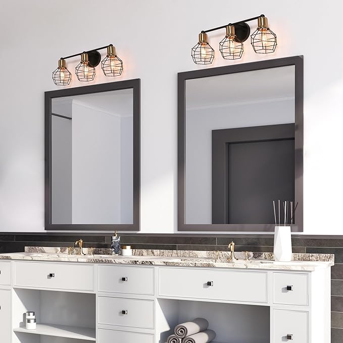 LALUZ Modern Farmhouse Mid-Century 3-Light Black and Gold Bathroom Vanity Light with Industrial Metal Cage