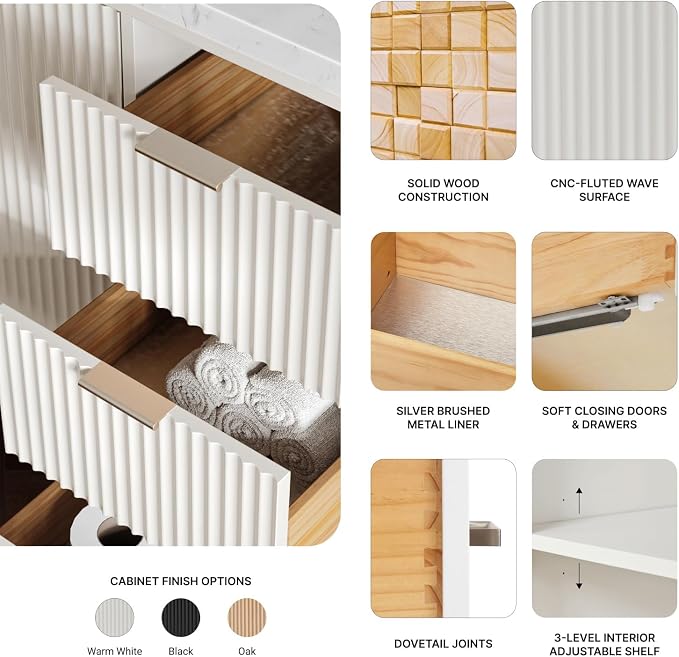 ARIEL Milan 72-inch Bathroom Vanity with Sink,Solid Wood, 1.5-inch Carrara White Quartz Countertop, Double Rectangular Porcelain Sink, 4 Soft Closing Doors, 3 Dovetail Drawers, Warm White