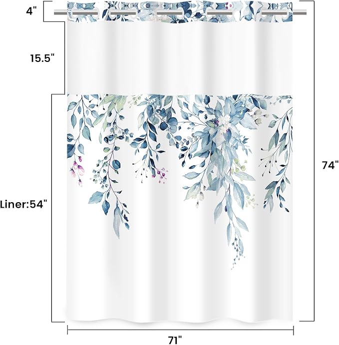 No Hook Floral Shower Curtain with Liner, Eucalyptus Blue, 71x74 | Snap in Liner, 3 in 1, Water Repellent, Easy Install, Machine Washable, Hotel Style for Bathroom, Watercolor Pattern