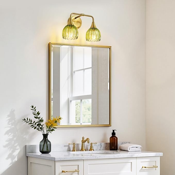 Bathroom Vanity Light Fixtures: 2-Lights Vintage Bathroom Lights Over Mirror with Ribbed Green Tulip Glass Shade - 14 inch Brushed Gold Wall Sconce Bath Lighting