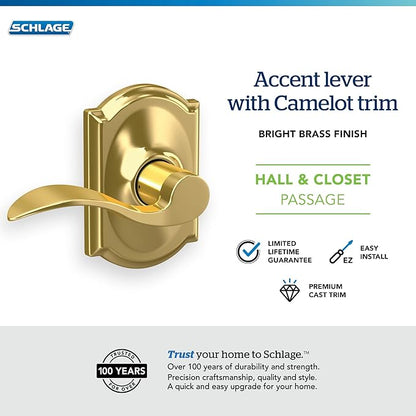 SCHLAGE Accent Lever with Camelot Trim Hall and Closet Lock in Bright Brass - F10 ACC 605 CAM