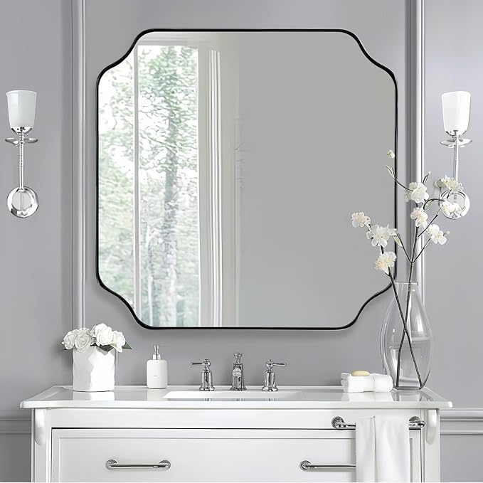 30"x30" Chrome Square Mirror, Polished Nickel Scalloped Bathroom Mirror for Over Sink, Modern Decorative Mirror with Designer Rounded Notched Corners, Anti-Rust SUS304 Frame