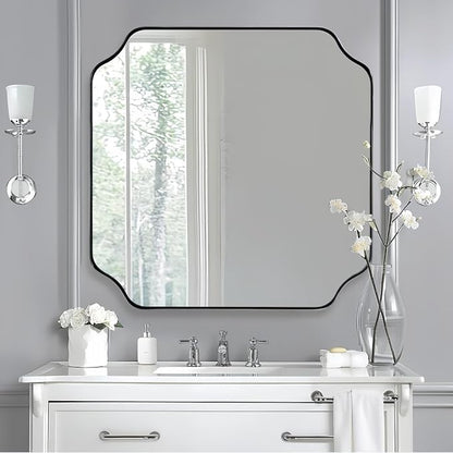 30"x30" Chrome Square Mirror, Polished Nickel Scalloped Bathroom Mirror for Over Sink, Modern Decorative Mirror with Designer Rounded Notched Corners, Anti-Rust SUS304 Frame