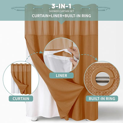 No Hook Waffle Shower Curtain with Snap-in Liner, 71x74 Inch, Burnt Orange | 230 GSM waffle weave fabric, waterproof liner set with 2 bottom magnets, mesh top window, washable, for bathroom or hotel use