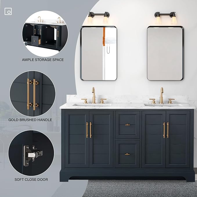 HOMEBEYOND 60 Inch Bathroom Vanity with Double Sink & Ceramic Top, Vanity Cabinet with Center Countertop Basin, Soft-Closing Doors, Backsplash, Vintage Spruce Blue