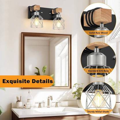 FadimiKoo Farmhouse Bathroom Light Fixtures, Rustic 2-Light Wood Vanity Lights for Bathroom, Industrial Black Silver Wall Lighting with Metal Shade for Bedroom, Living Room, Hallway