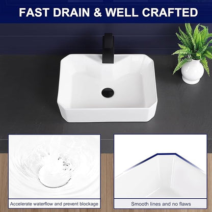 Vessel Sink 20"x15" Rectangular Bathroom Sink Modern White Porcelain Ceramic Above Counter Drop-in Vanity Sink for Bathrooms Art Basin with Faucet Hole