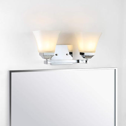 JONATHAN Y 15" Chrome Modern Cottage LED Vanity Light Wall Sconce, Farmhouse Wall Lamp for Bathroom Mirror Kitchen, White Glass Shade, LED Bulb Included (JYL7523B)