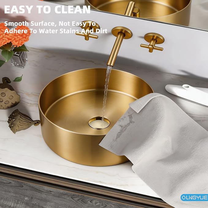 Brushed Gold Bathroom Vessel Sink: 16" Modern Round Countertop Washbasin | Above Counter Lavatory Basin with Stainless Steel PVD Coating Pop Up Drain for Home Hotel Office Toilet Decoration Remodeling