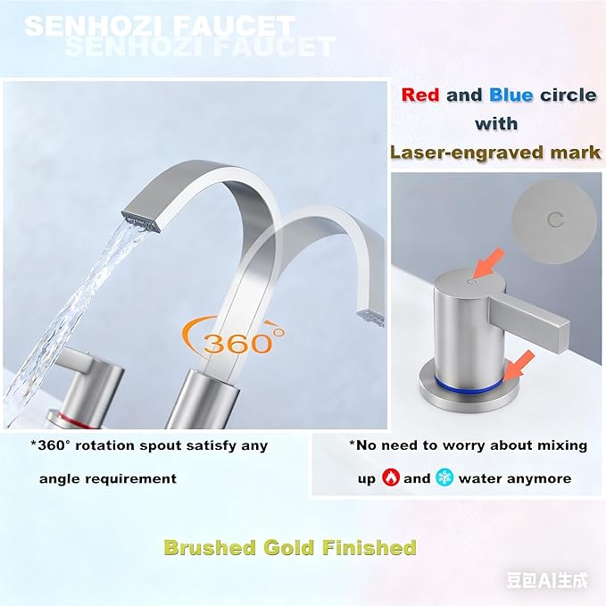 Brushed Nickel Bathroom Faucets 3 Hole, 8 Inch Widespread Waterfall Bathroom Sink Faucet, 2 Handles Vanity Faucet with Pop-up Drain and Supply Hose SE-0018-BN