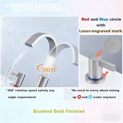 Brushed Nickel Bathroom Faucets 3 Hole, 8 Inch Widespread Waterfall Bathroom Sink Faucet, 2 Handles Vanity Faucet with Pop-up Drain and Supply Hose SE-0018-BN