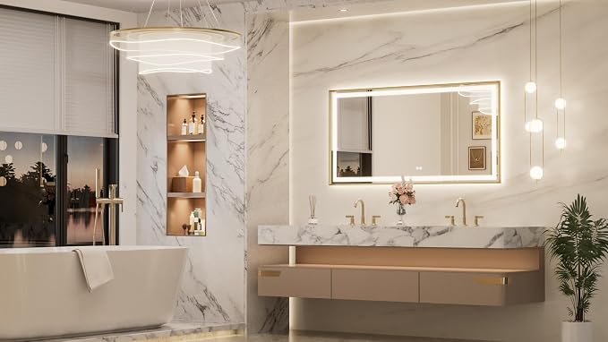 Keonjinn 60x36 Inch Gold LED Bathroom Mirror with Lights, HD Tempered Glass | Frontlit & Backlit, Large Lighted Bathroom Mirror, Beveled Edge, 3 Color Temperatures, Anti-fog, Stepless Dimmable