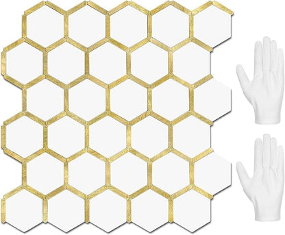 STICKGOO Hexagon Peel and Stick Backsplash Tile, Stick on Backsplash for Kitchen and Bathroom, Pure White PVC Mixed Metal Gold Self Adhesive Wall Tiles(10 Sheets, Seamless)