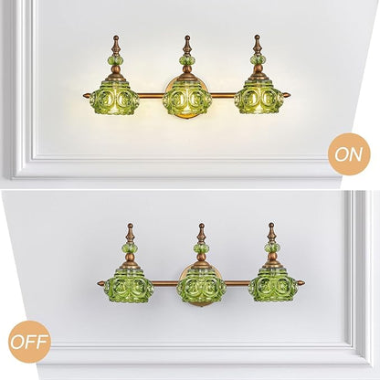 Vintage 3-Light Bathroom Vanity Light Fixtures, Modern Brass Vanity Wall Sconces Over Mirror with Green Glass Shade for Bathroom Bedroom Living Room