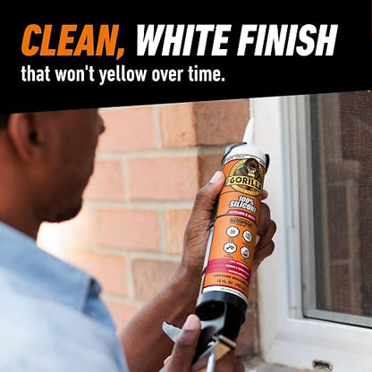 Gorilla 100% Silicone Caulk, Kitchen & Bath Sealant, White, 10 oz Cartridge | Mold & Mildew Resistant, 100% Waterproof Seal, 30-Minute Water-Ready, Flexible and Durable