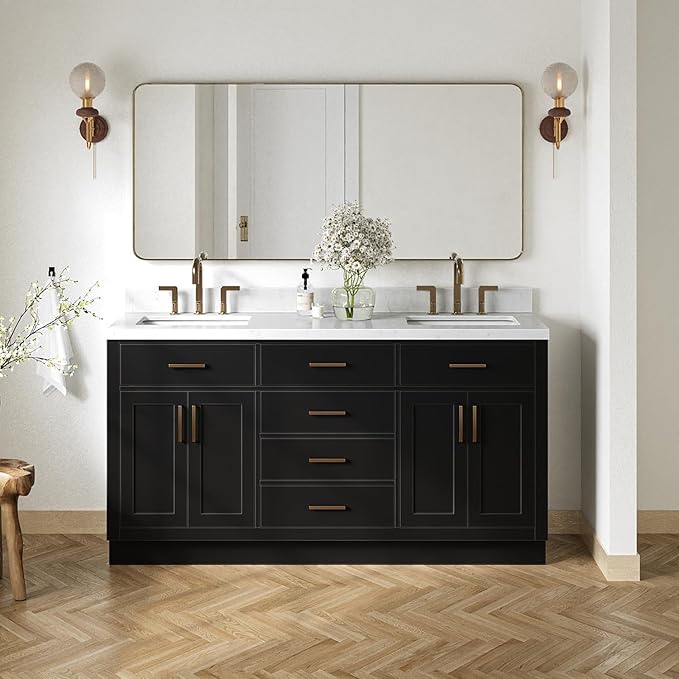 DKB Isabella 66-Inch Black Double Bathroom Vanity with Sinks, 1.5-Inch Edge Carrara White Quartz Countertop & 4-Inch Backsplash, Rectangle Sinks, Soft Closing Doors & Drawers, Solid Wood Frame