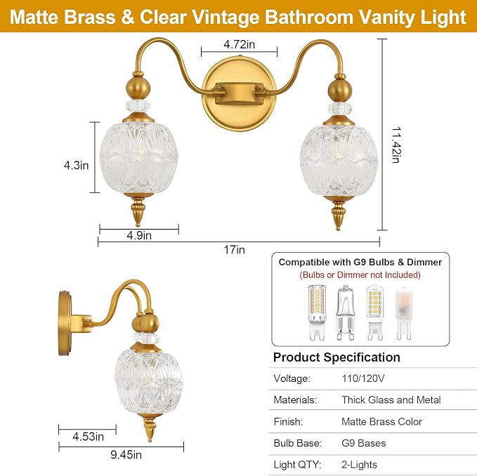 Vintage 2-Light Bathroom Vanity Light Over Mirror, Matte Brass | 17in Wide Farmhouse Bathroom Decor, Ribbed Glass Shades, G9 base, Wall Mounted, Mid Century Wall Sconces Vanity Lighting