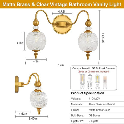 Vintage 2-Light Bathroom Vanity Light Over Mirror, Matte Brass | 17in Wide Farmhouse Bathroom Decor, Ribbed Glass Shades, G9 base, Wall Mounted, Mid Century Wall Sconces Vanity Lighting