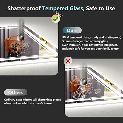 48x36 LED Bathroom Mirror with Lights, Backlit and Front Lit Anti-Fog Lighted Vanity Mirrors for Bathroom Wall, Dimmable, 3-Color Light, Memory, Shatter-Proof, HD Tempered Glass, CRI＞90