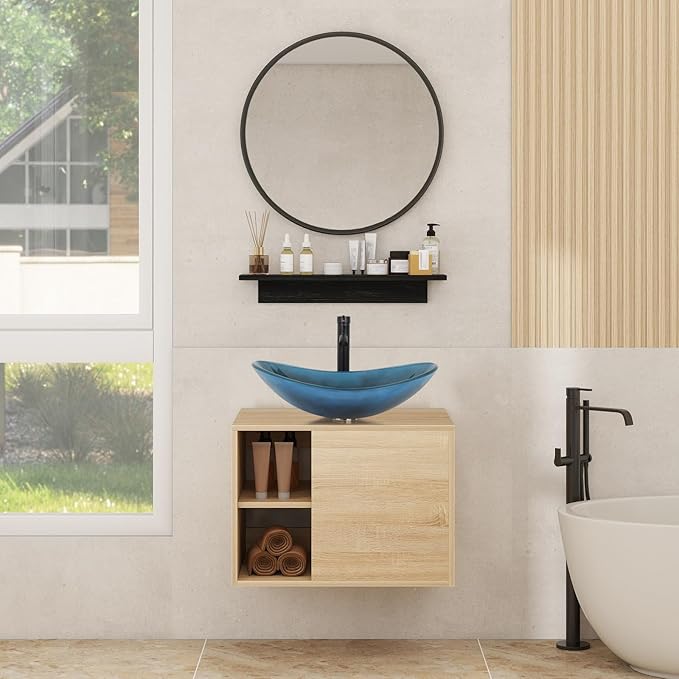 YOURLITE 24" Floating Bathroom Vanity, Wall-Mounted Bathroom Vanity with Mirror, Washroom Cabinet with Door Storage