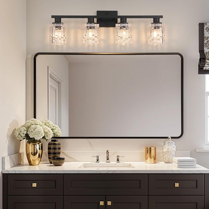 4 Light Matte Black Bathroom Vanity Light Over Mirror, Modern Vanity Lighting with Crystal Glass Shade, Wall Mount Bathroom Light Fixtures, E26 Base