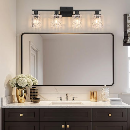 4 Light Matte Black Bathroom Vanity Light Over Mirror, Modern Vanity Lighting with Crystal Glass Shade, Wall Mount Bathroom Light Fixtures, E26 Base