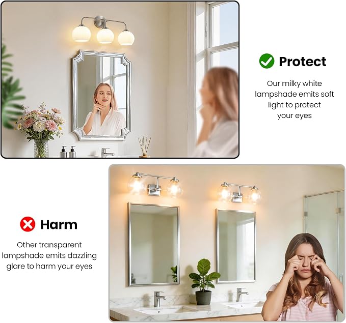 RUIYEY Bathroom Vanity Light Fixtures: 3-Lights Bathroom Lighting Fixtures Over Mirror, Brushed Nickel Vintage Wall Lights with Milky White Frosted Glass Shade for Bath Bedroom