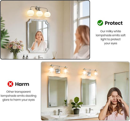 RUIYEY Bathroom Vanity Light Fixtures: 3-Lights Bathroom Lighting Fixtures Over Mirror, Brushed Nickel Vintage Wall Lights with Milky White Frosted Glass Shade for Bath Bedroom
