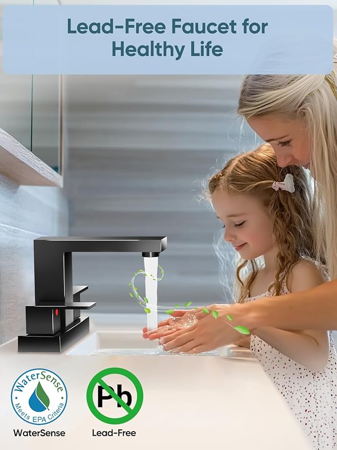 Cobbe Bathroom Faucets for Sink 3 Hole, Matte Black Bathroom Sink Faucet Square 4 Inch Centerset with Pop-Up Drain, 2 Handle and 2 Supply Hoses, Lead-Free Stainless Steel for Vanity, Rv, Farmhouse