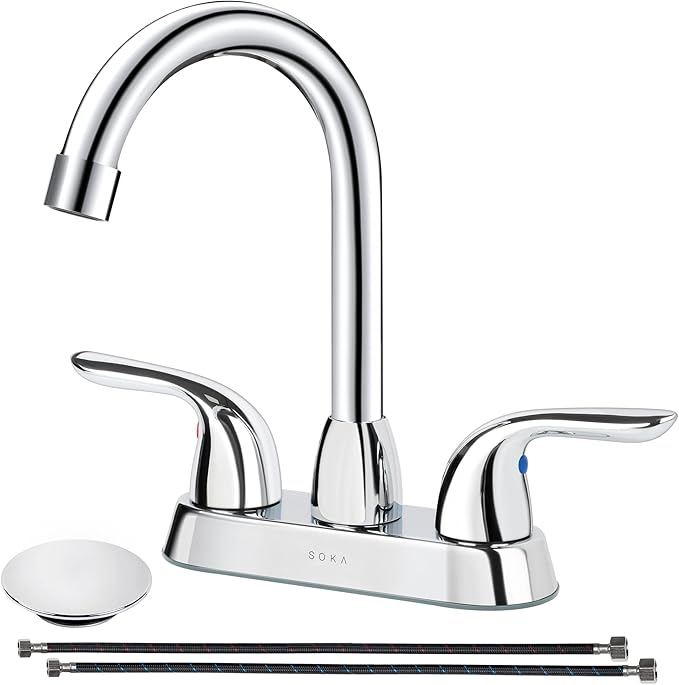 SOKA Two Handles Centerset Bathroom Faucet for Sink High Arc Stainless Steel with Deck Plate & Pop-Up Drain Assembly Fit 3 Hole Installation, Chrome (SK18001C)