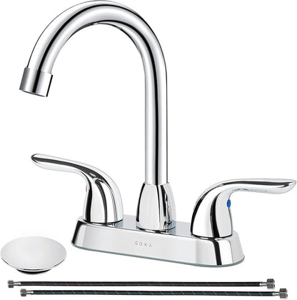 SOKA Two Handles Centerset Bathroom Faucet for Sink High Arc Stainless Steel with Deck Plate & Pop-Up Drain Assembly Fit 3 Hole Installation, Chrome (SK18001C)