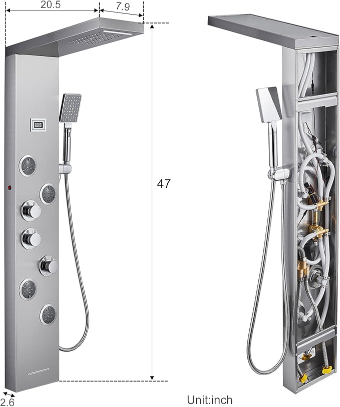 MENATT LED Shower Panel Tower System, 6 in 1 Stainless Steel LED Shower Column, Rainfall & Waterfall Head, Massage Jets, Tub Spout, Handheld Shower(Brushed)
