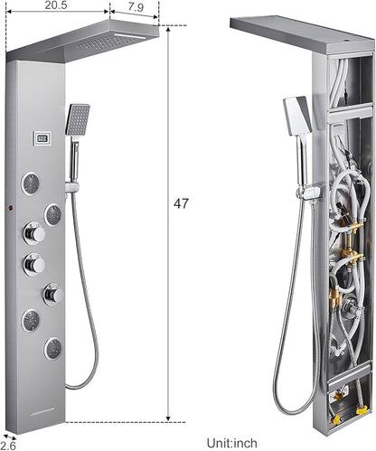 MENATT LED Shower Panel Tower System, 6 in 1 Stainless Steel LED Shower Column, Rainfall & Waterfall Head, Massage Jets, Tub Spout, Handheld Shower(Brushed)