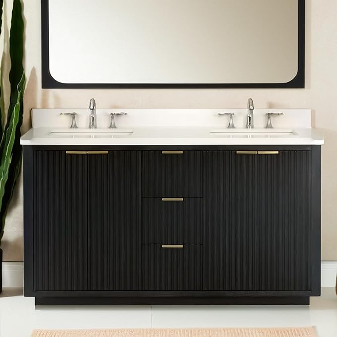 Lavanti Wooderna 60 Inch Bathroom Vanity with Sink – Stylish Firewood Black Vanity Bathroom with Storage Cabinet – Modern Bathroom Vanities with Double Vanity Sink & Quartz Countertop