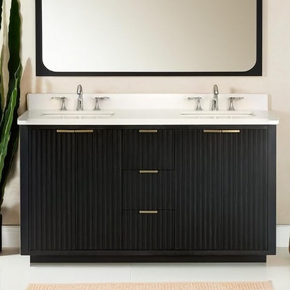 Lavanti Wooderna 60 Inch Bathroom Vanity with Sink – Stylish Firewood Black Vanity Bathroom with Storage Cabinet – Modern Bathroom Vanities with Double Vanity Sink & Quartz Countertop