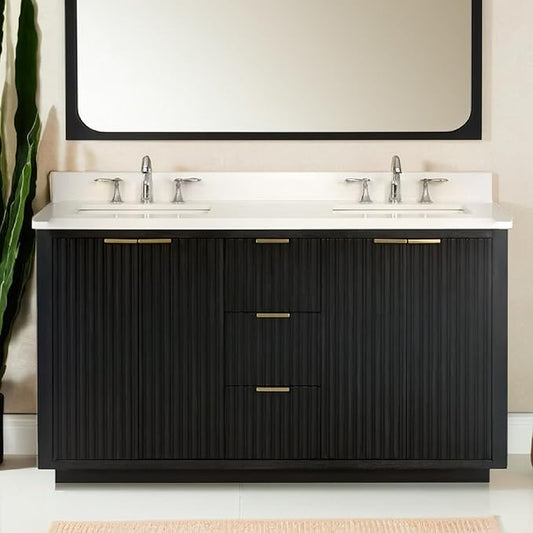 Lavanti Wooderna 60 Inch Bathroom Vanity with Sink – Stylish Firewood Black Vanity Bathroom with Storage Cabinet – Modern Bathroom Vanities with Double Vanity Sink & Quartz Countertop