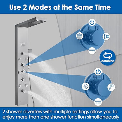 ROVOGO Shower Panel with 4 Body Jets and 4 Mist Spray, Rainfall Waterfall Shower Column Tower with Handheld, Tub Spout and Water Temperature Display, 304 Stainless Steel Brushed