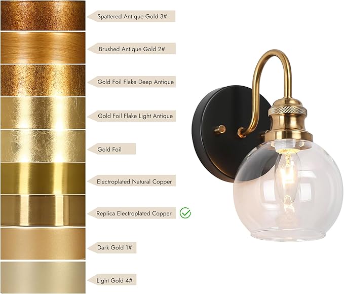 KSANA Black Gold Sconce, Modern Globe Wall Sconces Lighting with Clear Glass Shade, 1-Light Brass Wall Mounted Light Fixture for Bathroom, Kitchen, Bedroom and Stairway