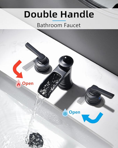 Fapully Matte Black Bathroom Sink Faucet, Waterfall Bathroom Faucets 3 Hole, 8 Inch Widespread Bathroom Faucet with Pop-up Drain, 2-Handle Faucet for Bathroom Sink Vanity RV