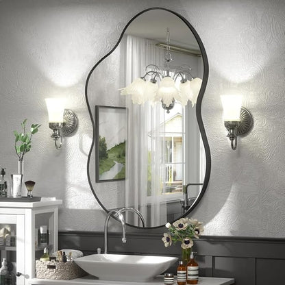24x36 Inch Black Irregular Matte Bathroom Mirror, Black Asymmetrical Mirror for Wall Decor, Aluminum Alloy Frame, Shatterproof, Anti-Rust(Horizontally/Vertically)