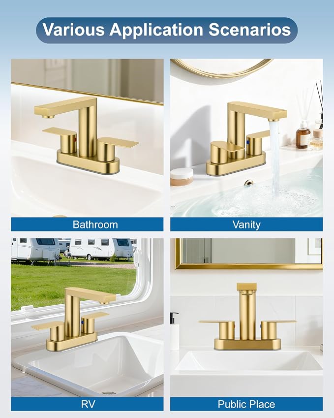 Brushed Gold Bathroom Sink Faucet,4 Inch Centerset,Two Handle | Lead-Free SUS304 Stainless Steel 2 or 3-Hole Centerset Bathroom Faucet,Pop-Up Drain & cUPC Supply Lines for Vanity Sinks & RV